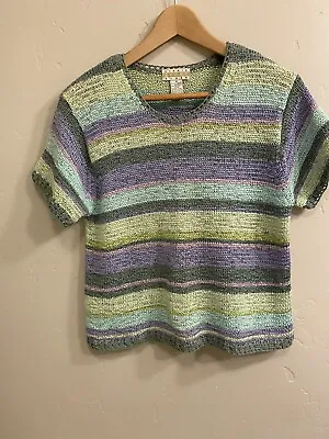 Sigrid Olsen Sport Women's Size Medium Sage Lilac Short Sleeve Crochet Sweater • $14.95