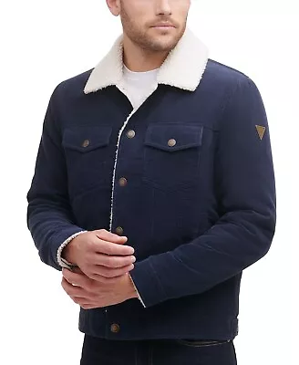 $67.99 • Buy GUESS Men's Corduroy Bomber Jacket With Sherpa Collar Medium Navy Blue