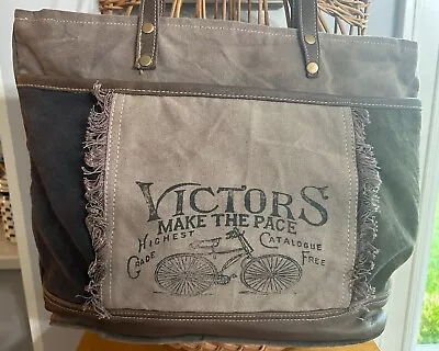 Myra Bag Upcycled Canvas BROWN &TAUPE Shoulder Bag VICTORS TOTE~#3 • $29