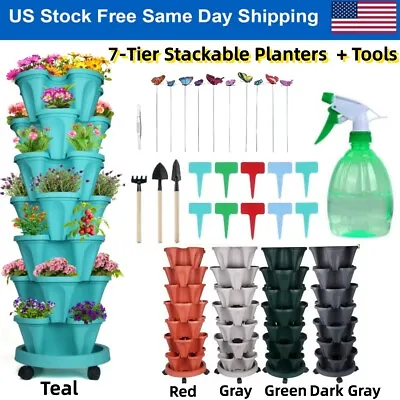 7-Tier Stackable Planters Vertical Planter Pot With 4 Wheels & Garden Tools Set • $15.86