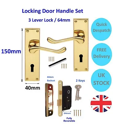 Internal Locking Door Handle Set Brass Finish +64mm 3 Lever Sash Lock +2 Keys • £11.95