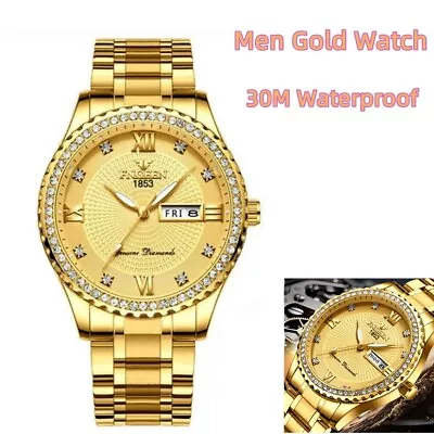 Men's Luxury Fashion Quartz Watch Classic Stainless Steel Analog Waterproof Gold • $11.99