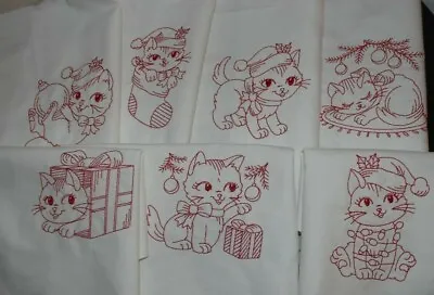 Kitten Kitty Cat Christmas EMBROIDERED 7 QUILT BLOCKS Vintage Style Adorable • $35