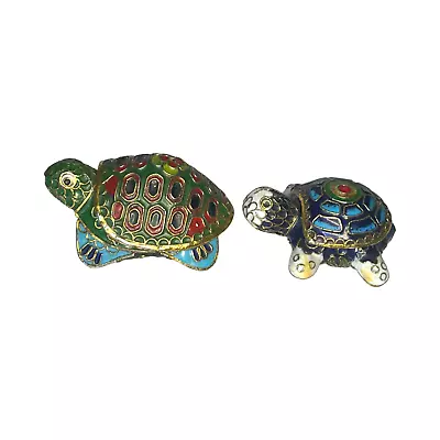 2 Cloisonne Hand Painted Turtle Trinket Boxes Enamel Over Brass Blues And Greens • $27.85