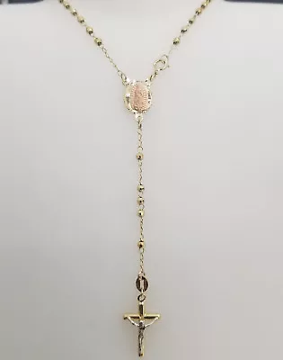 $349.75 • Buy Real 10k Yellow Gold 21'' 2.5mm Rosary Virgin Mary Cross Crucifix Chain Necklace