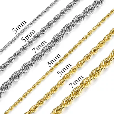 16 -30  Twisted Rope Chain Gold Plated Stainless Steel Link Necklace Men 3-7mm • $8.69