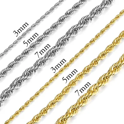 3/5/7mm Mens Rope Link Chain Silver/Gold Plated Stainless Steel Necklace 16 -30  • $8.39