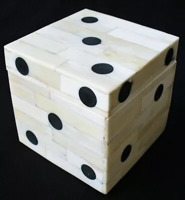 Vintage~CUBE~Dice~MOSAIC~Handmade~BONE & WOOD~Lidded~STORAGE BOX~India~4  X 4  • $12