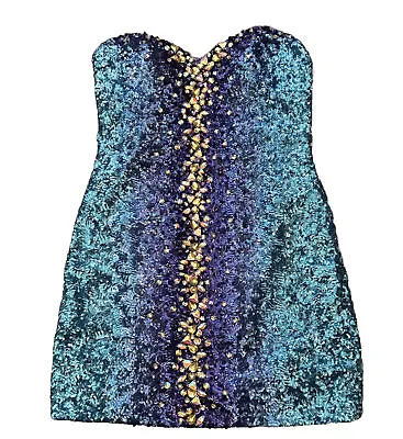 Night Moves Blue Sequin Gold Rhinestones Strapless Or Strap Mini Dress Size 12 • $18