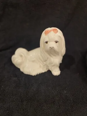 Pre Owned White Ceramic Maltese Dog With Pink Bow • $11