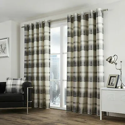 Slate Grey Tartan Check Curtains Balmoral Lined Eyelet Ring Top Curtains Pair • £28.99