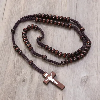  Wooden Men Women Bead Cross Jewelry Catholic Necklace Chain • £4.89