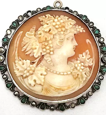 RARE BACCHUS BACCHANTE 1800s SILVER & GOLD? BROOCH CARVED SHELL MARCASITE CAMEO • $199.50