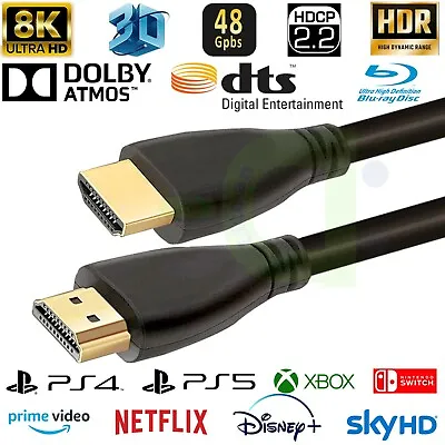 £7.99 • Buy V2.1 HDMI Cable 8K 48Gbps Ethernet HDCP 2.2 EARC For SKY Q PS4 PS5 XBOX X ONE