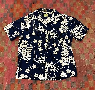 1960’s Vintage Ui-Maikai Hula Aloha Loud Blue Hawaiian Shirt Large Floral • $60