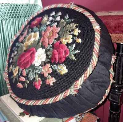 Vintage Deep Floral Needlepoint & Silk Cushion • £48.50