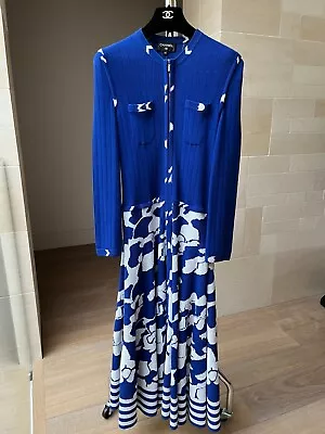 CHANEL 2016 Airport Runway Collection Blue & White Print Knit Dress Sz FR 44 NEW • £1800