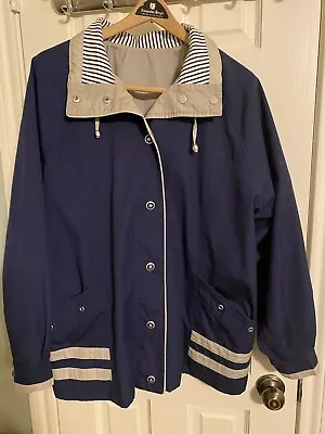 Nautical Boat Jacket That Reverses To Rain Coat Women Size 12 Large Blue/Tan • $12.99