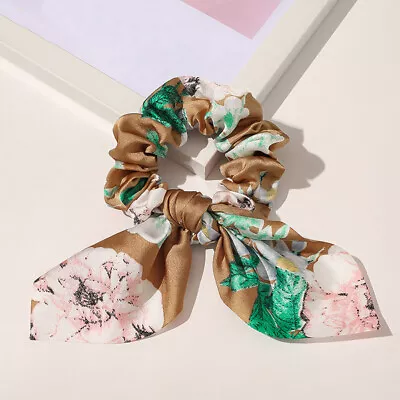 Satin Ponytail Scarf Rabbit Ear Bow Hair Rope Ties Scrunchies Floral Ribbon Band • $9.79