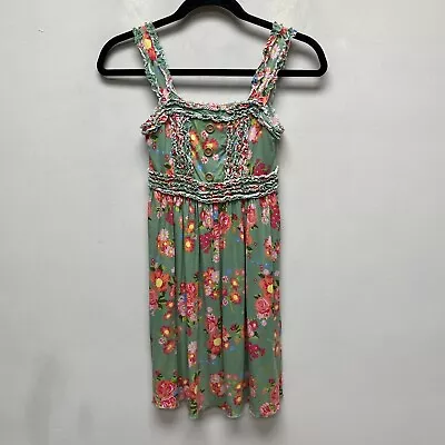 Matilda Jane Girls Green Floral Empire Waist Ruffle Island Emilia Tank Dress 12 • $12.71