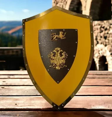 Royal Knight Shield Medieval Style Lion & Eagle Crest Brass Metal Handle Vintage • $45