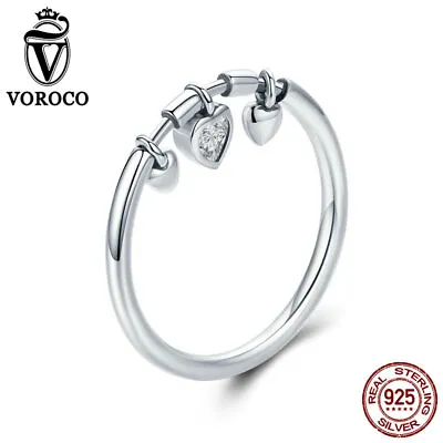 VOROCO 925 Sterling Silver Heart Dangle Charm Band Rings Xmas Gifts For Girls • £5.75