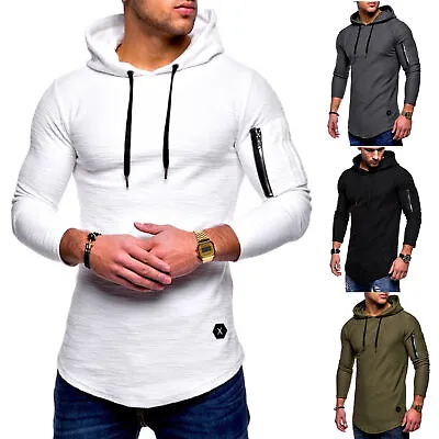 Mens Muscle Hoodie Hooded Slim Fit Long Sleeve T-Shirt Gym Casual Sports Tops • £15.86