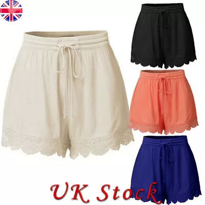 Womens Drawstring Hot Shorts Ladies Elastic Waist Lace Beach Summer Pants S-5XL • £10.79