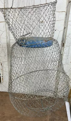 Vintage Fishing Metal Wire Fish Keeper Net Live Bait Basket Cage Collapsible • $28