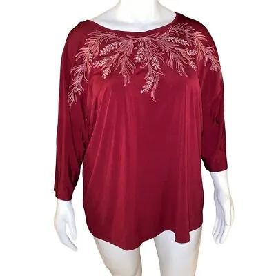 Bob Mackie Blouse Womens 2X Burgundy Red Embroidered 3/4 Sleeve Wearable Art Pit • $49.49