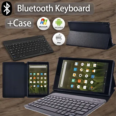 Black PU Leather Tablet Stand Cover Case+Keyboard For Amazon Fire 7 HD 8/HD 10 • £14.92