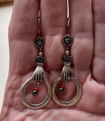 Steampunk Artisan Hand Earrings Dangle Sterling Strength Healing Flower Bead 2.5 • $50