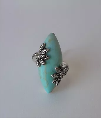 925 Sterling Silver Turquoise Marcasite Marquise Ring-size 6- Pre-owned • $55