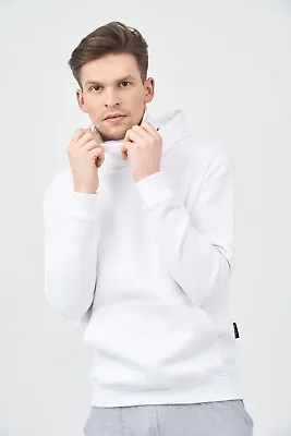 Men's Pullover Hoodie With High Neck - Cover Nose For Mask White • £14.99