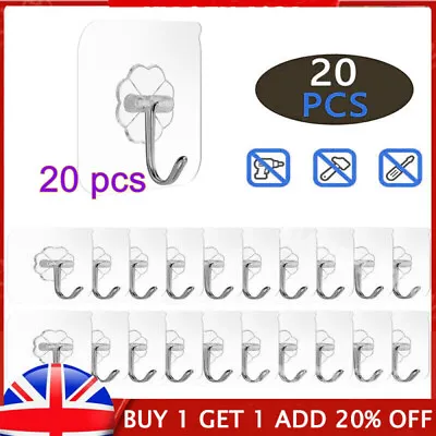 £4.49 • Buy 20pcs Self Adhesive Strong Sticky Hooks Heavy Duty Wall Seamless Transparent New