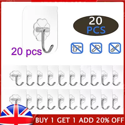 £3.98 • Buy 20pcs Self Adhesive Strong Sticky Hooks Heavy Duty Wall Seamless Transparent-New