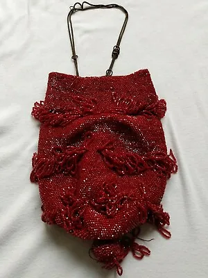 Vintage 1920s Antique French Art Deco Steel Mini Beaded Fringe Purse  Ruby Red  • $60