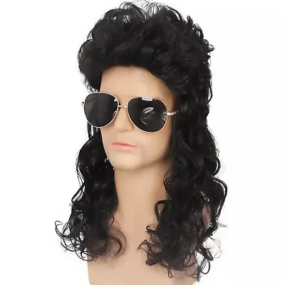 Kaneles Mullet Wig Mens Black Long Curly Wigs Hair 70s 80s Male Wig Halloween • $26.42