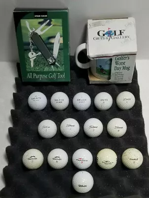 15 Vintage Golf Balls With Logos Plus Golf Multi Tool And Coffee Cup Collection • $10.91