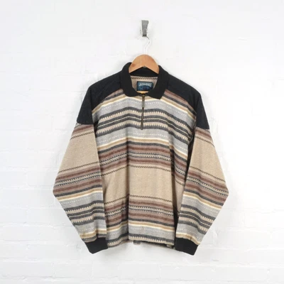 £25 • Buy Vintage 1/4 Shirt Aztec Pattern Black/Beige Medium
