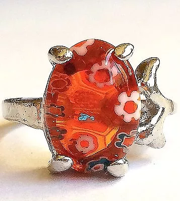 Murano Glass Ring Size 6 7 8 Silver Plated Orange Millefiori Vintage Art Glass • $7.99