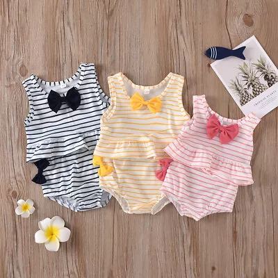 Toddler Kids Baby Girl Bow Swimsuit Striped Bathing Suit Bikini 2pc Set Swimwear • £11.99