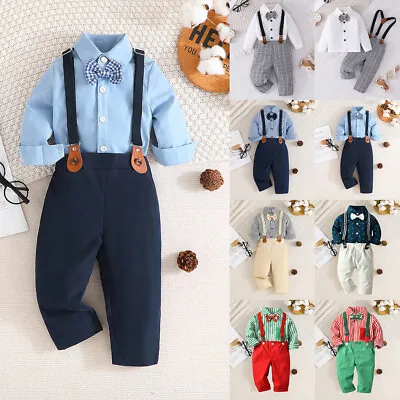 Baby Boys Gentleman Suit Shirts Suspenders Pants Set Kids Formal Clothes Outfits • £11.19