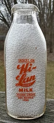 1955 Hi-Lan Dairy Des Moines IA Iowa 1 Qt One Quart Milk Bottle ONLY ONE ON EBAY • $19.88