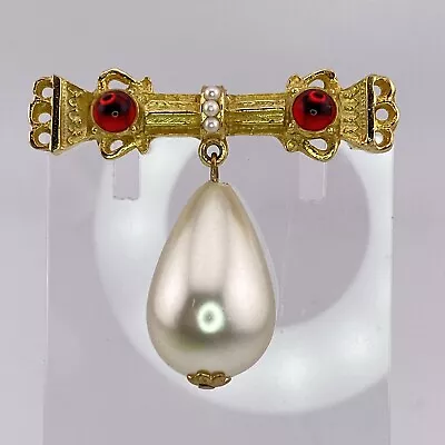 Vintage Gold Tone Victorian Revival Brooch Faux Seed Pearl Dangle Bar Pin • $12