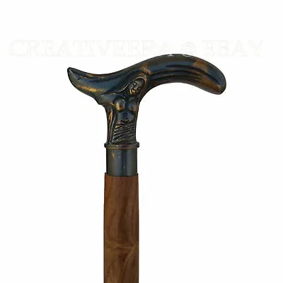 Vintage Brass Mermaid Handle Men's Handmade Wooden Walking Stick Cane Gift • $40.33