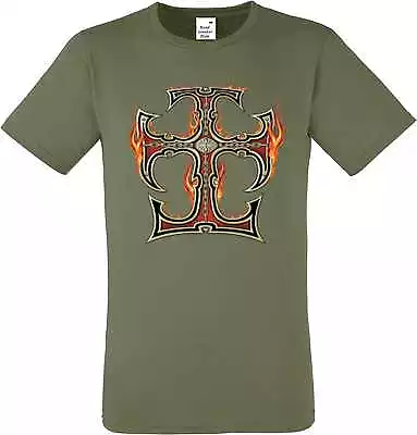 T Shirt IN Olive With Biker Gothic- & Tattoo Motif Model Celtic Cross Flame • £11.68