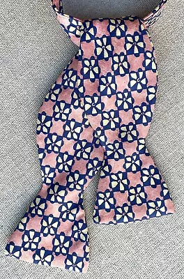 R Hanauer Silk Bow Tie Pink Navy Floral Self Tie Handmade USA 2 3/8  • $24