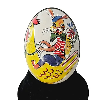 Early Easter Bunny Riding Rooster Chicken Tin Easter Egg Candy Container • $22.49