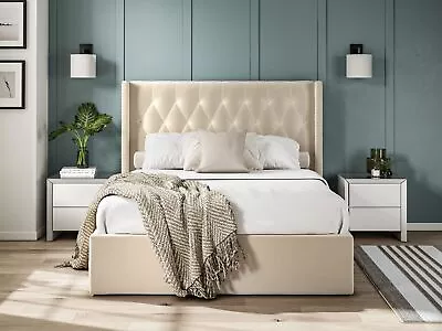 King Size Bed Fabric Bedframe Ottoman  - Beige - Linen • £560.18